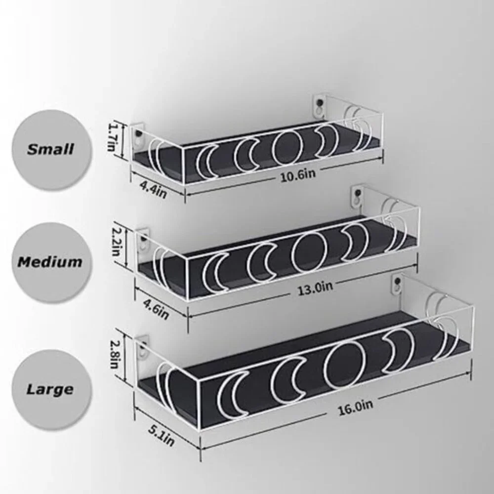 New Set of 3 Moon Phase Floating Shelves for Home Decor - Black, Silver